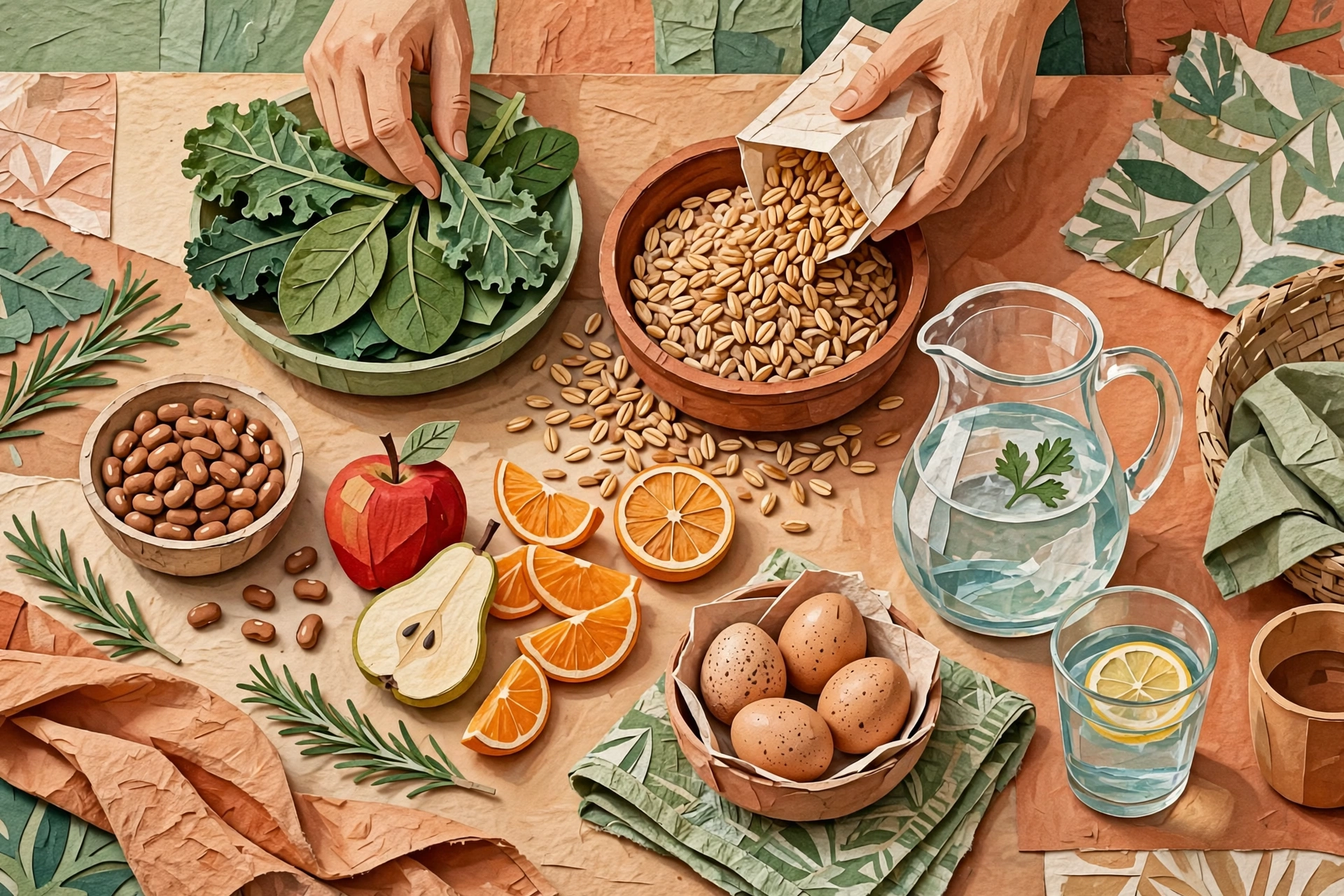 Hands preparing greens, grains, beans, fruit, eggs, and water on a kitchen counter