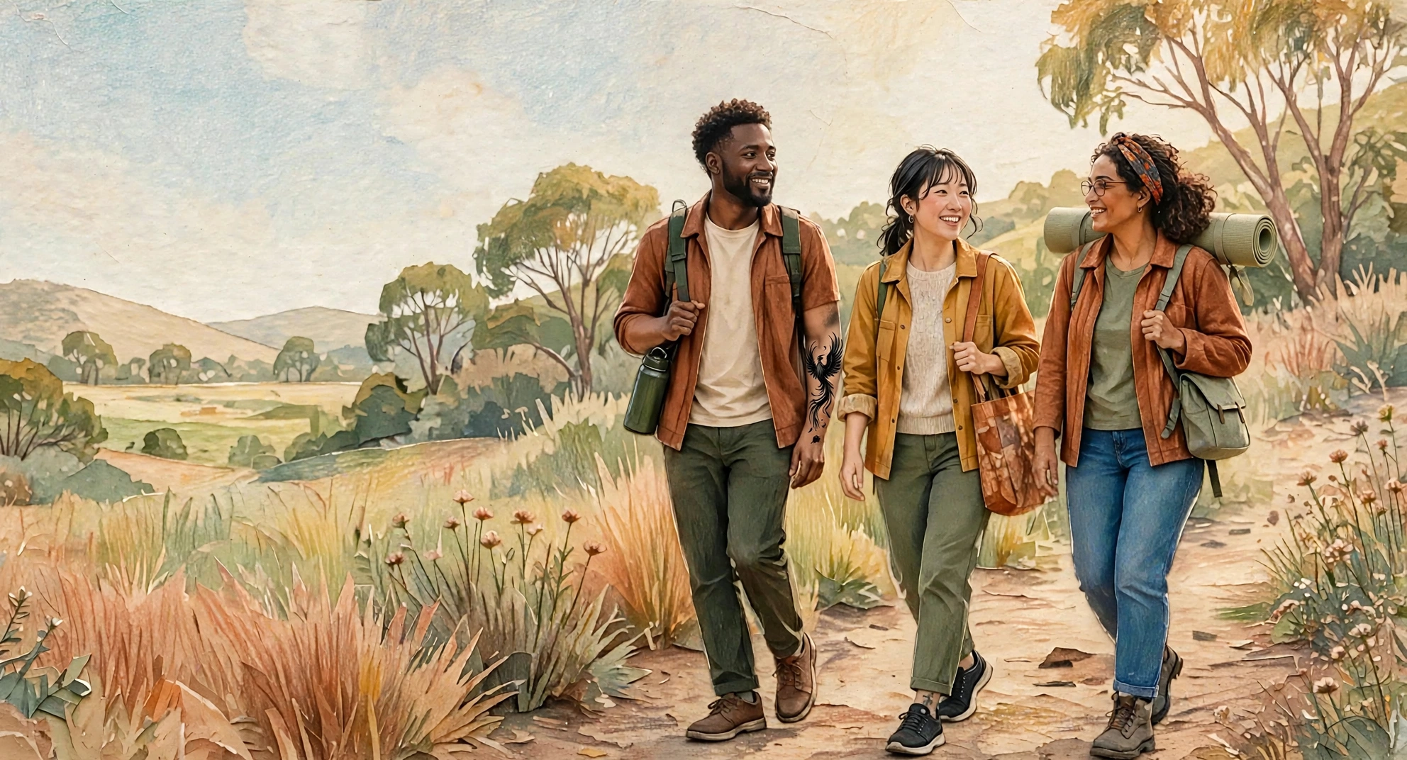 Three adults walking together on a sunny nature trail; one woman carries a rolled yoga mat over her shoulder, and the man has a black phoenix tattoo on his left forearm