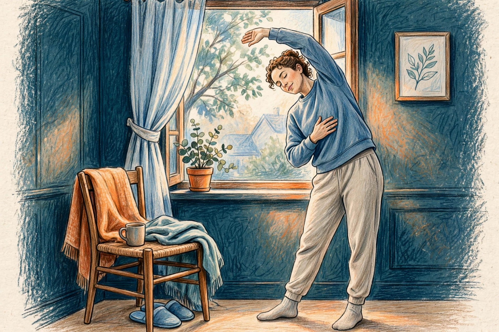 A person doing a gentle side stretch beside a chair and open window